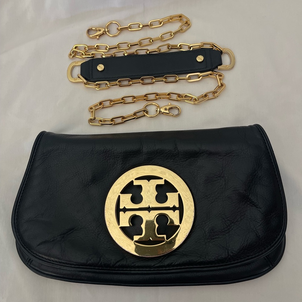 Tory Burch Black Leather Clutch with Gold Logo Long Chain Purse Crossbody